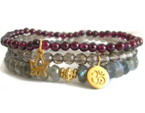 Dreamer Bracelet Stack | OM | Lotus | Garnet, Smokey Quartz, Labradorite | Yoga Jewelry