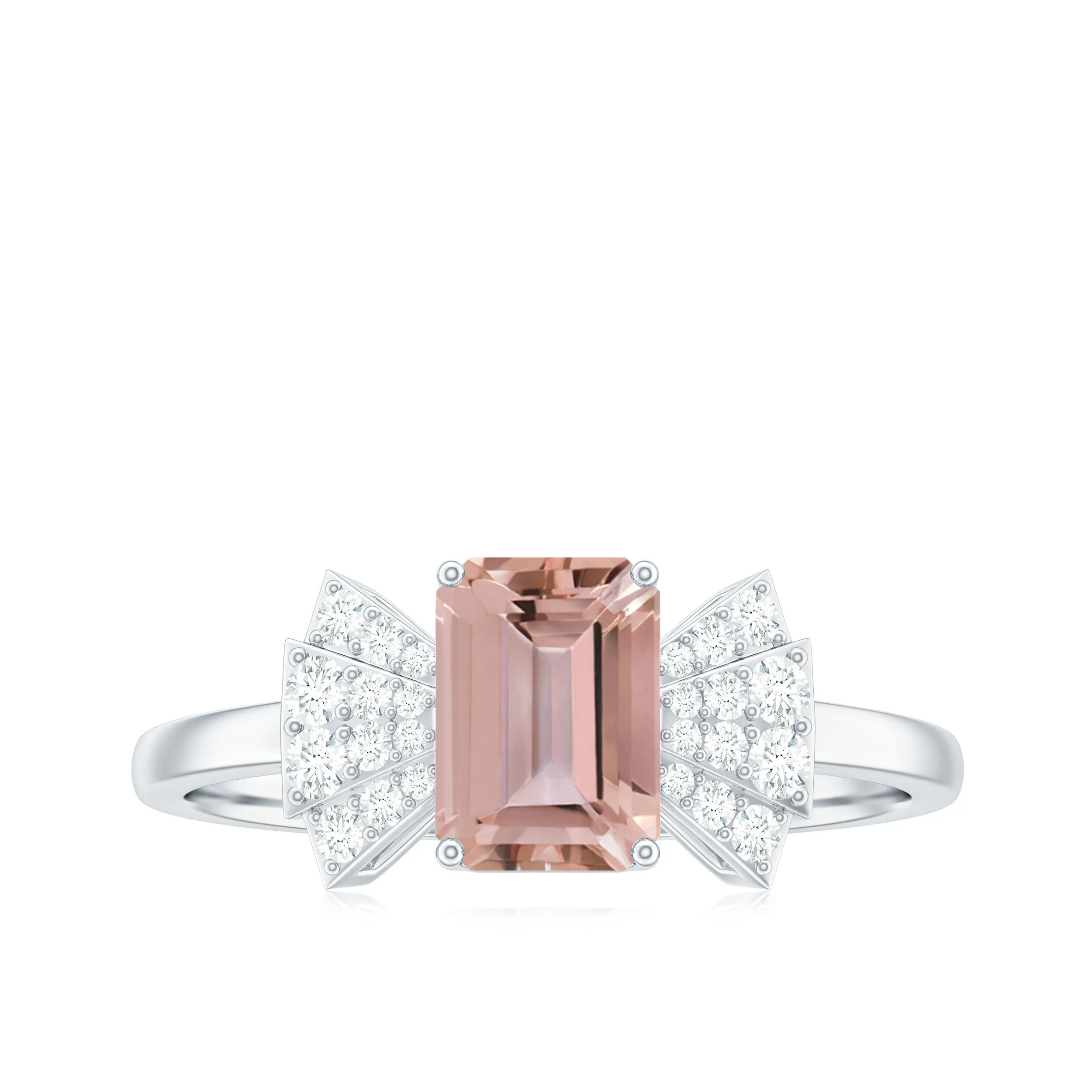 Emerald Cut Morganite Solitaire Engagement Ring with Diamond
