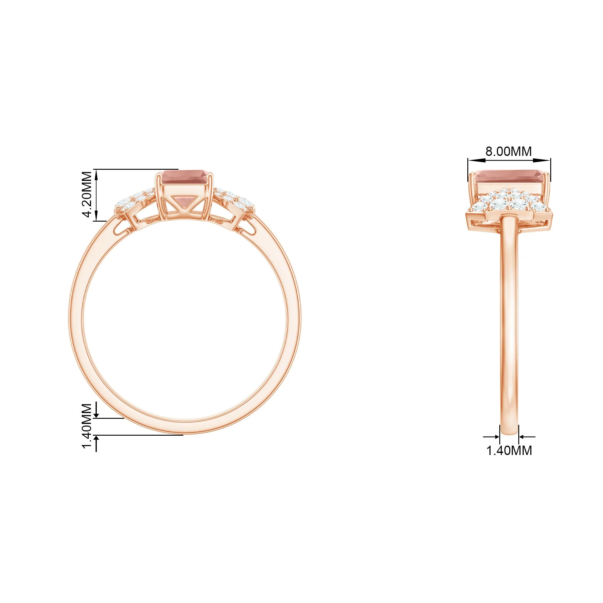 Emerald Cut Morganite Solitaire Engagement Ring with Diamond
