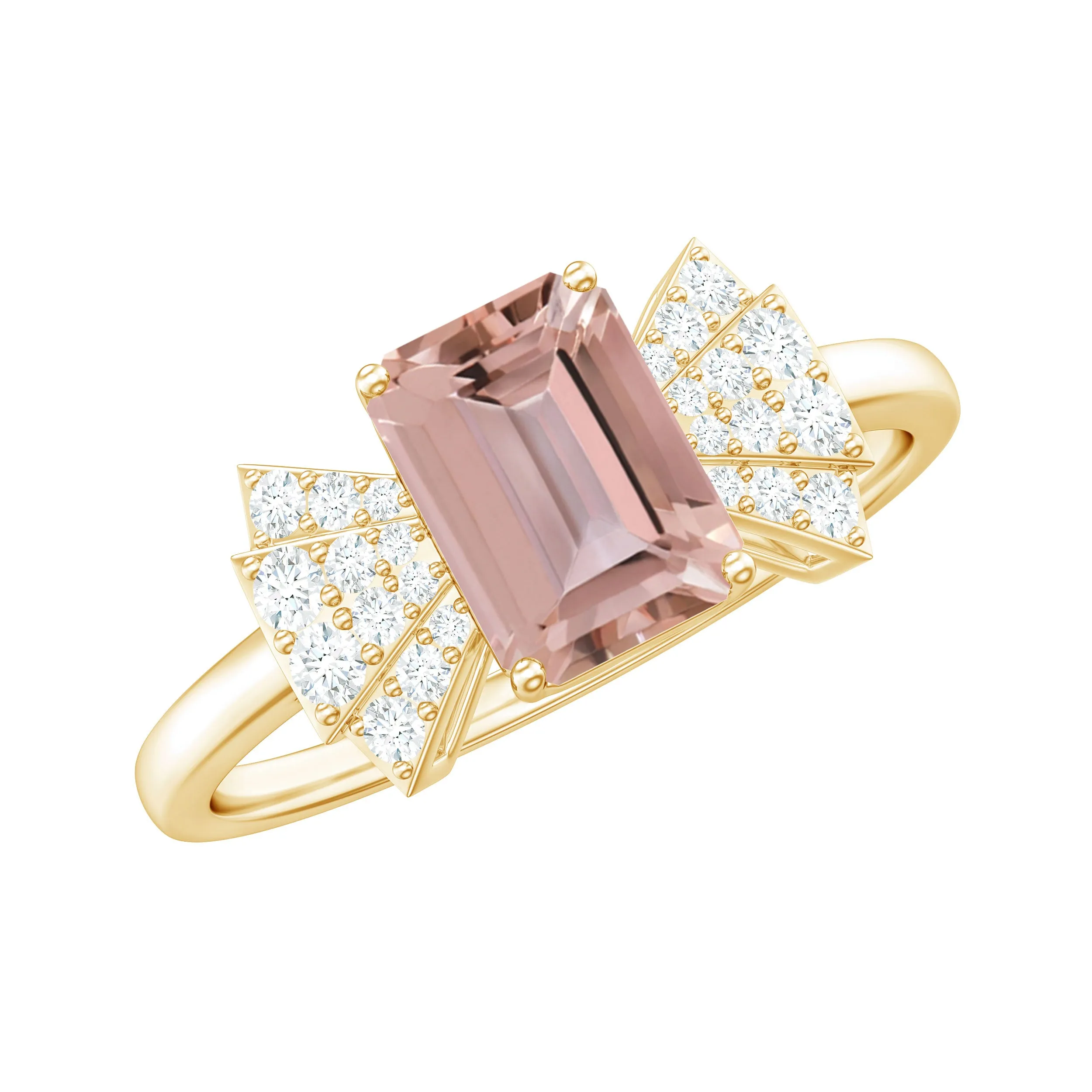 Emerald Cut Morganite Solitaire Engagement Ring with Diamond