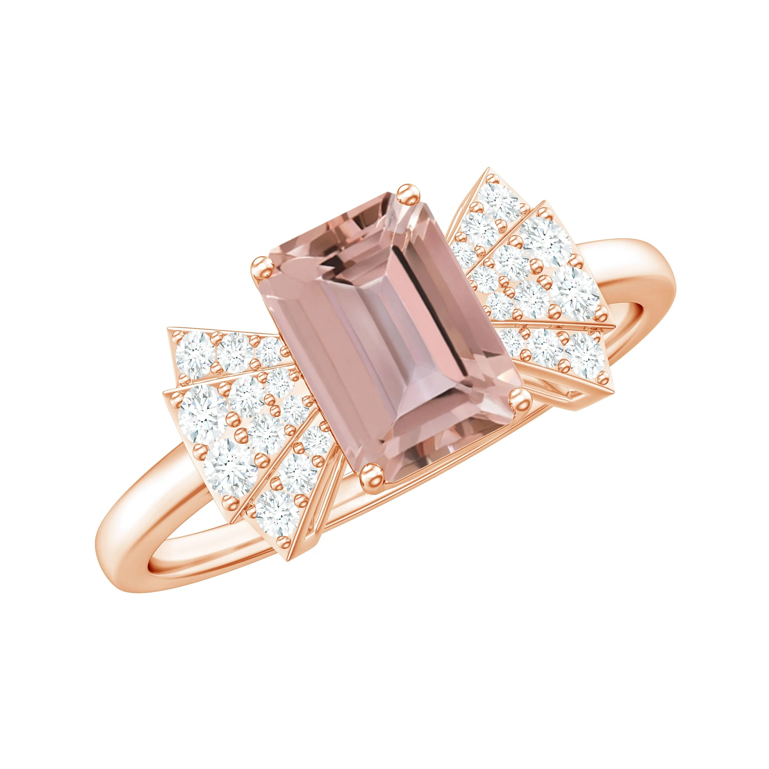Emerald Cut Morganite Solitaire Engagement Ring with Diamond