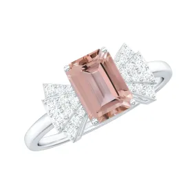 Emerald Cut Morganite Solitaire Engagement Ring with Diamond