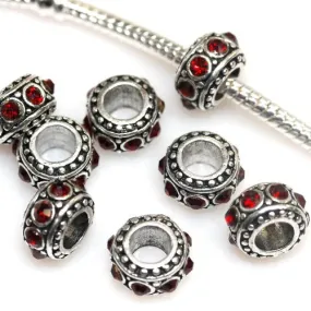 Five (5)January Birthstone Dark Red Garnet  Rhinestone Spacer Beads For Snake Chain Charm Bracelet