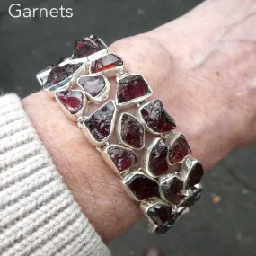 Garnet Bracelet, Gemmy Raw Nuggets in Wide Band, 925 Silver,