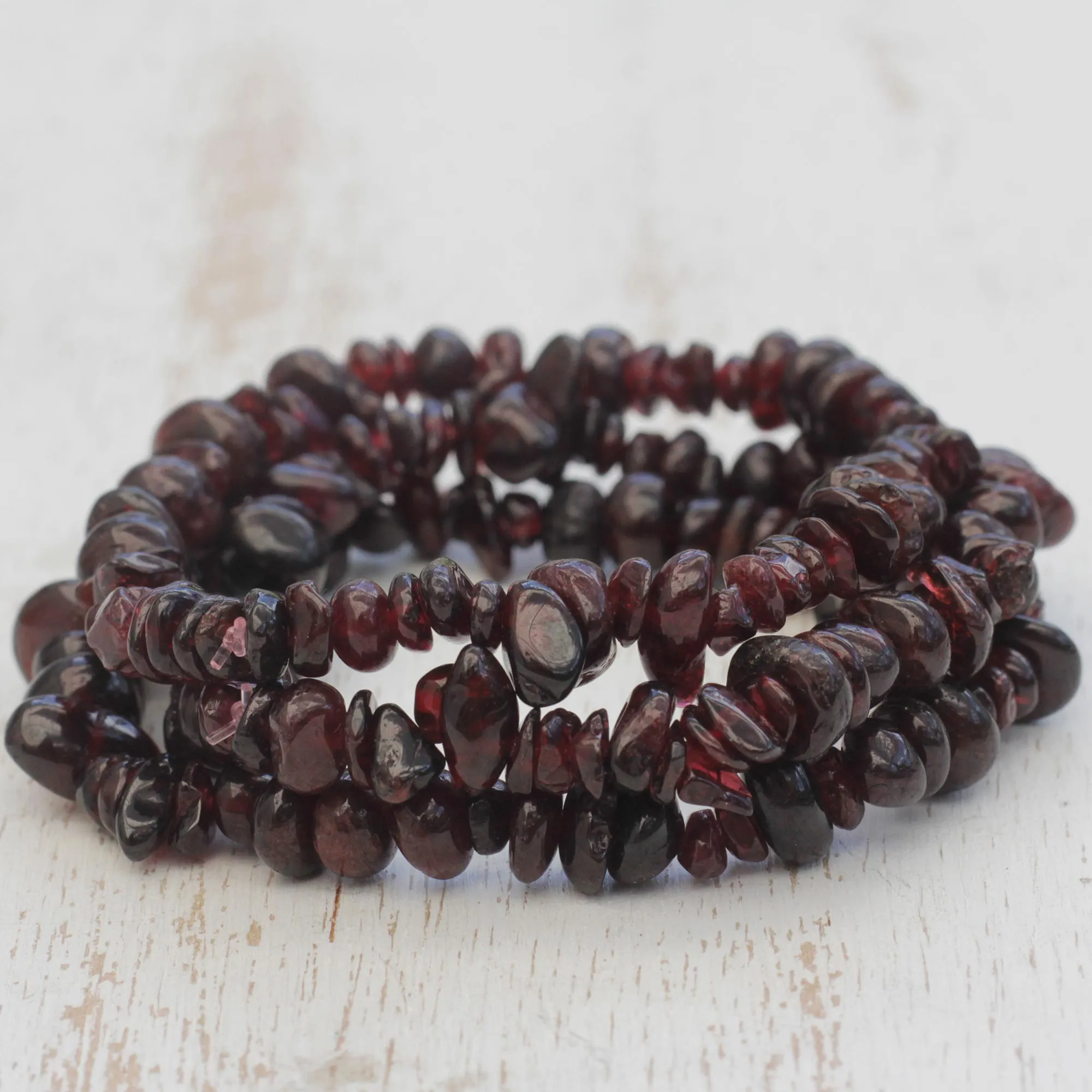 Garnet Fascination Set of Three Garnet Beaded Stretch Bracelets from Brazil
