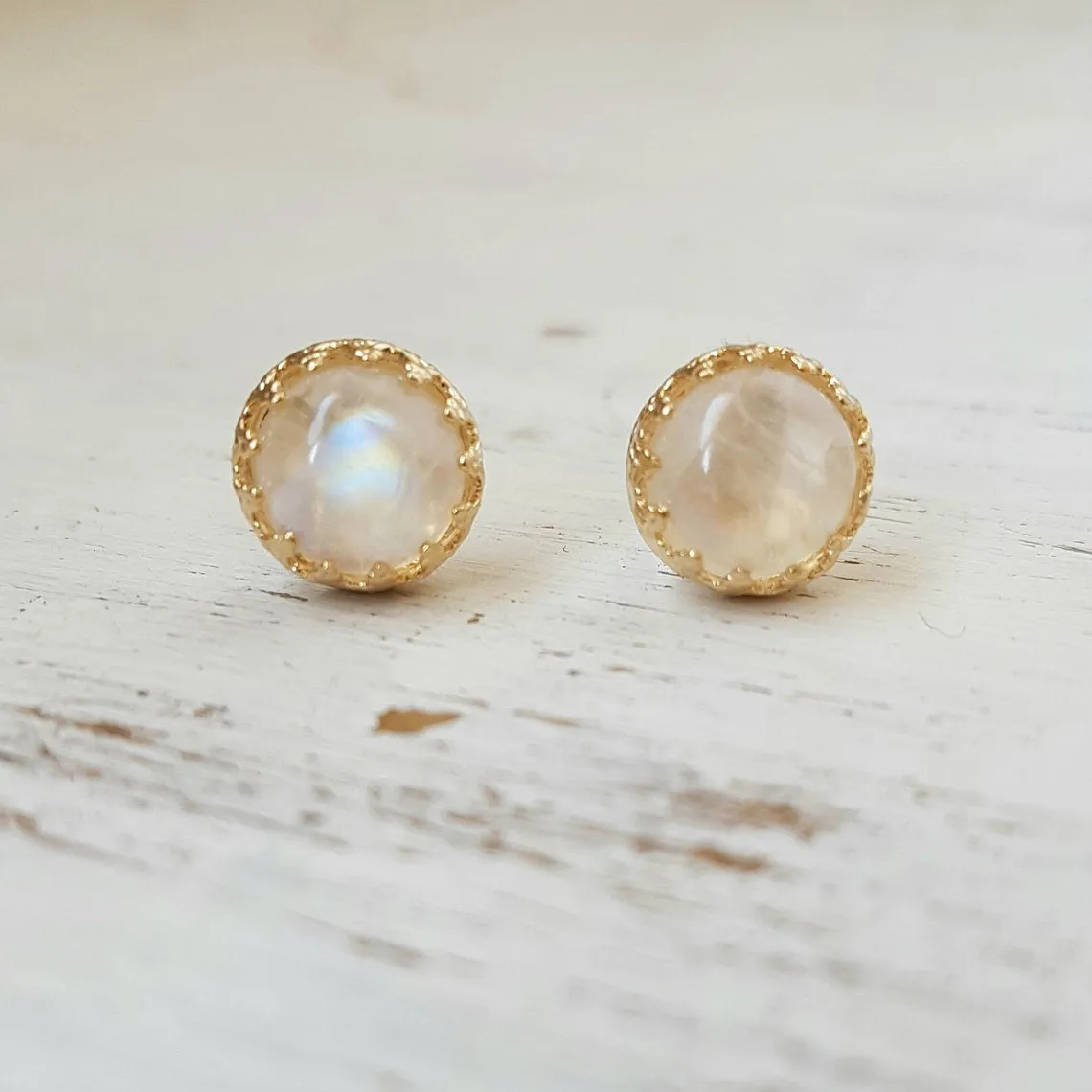 Gold Moonstone Earrings Studs, size 8mm