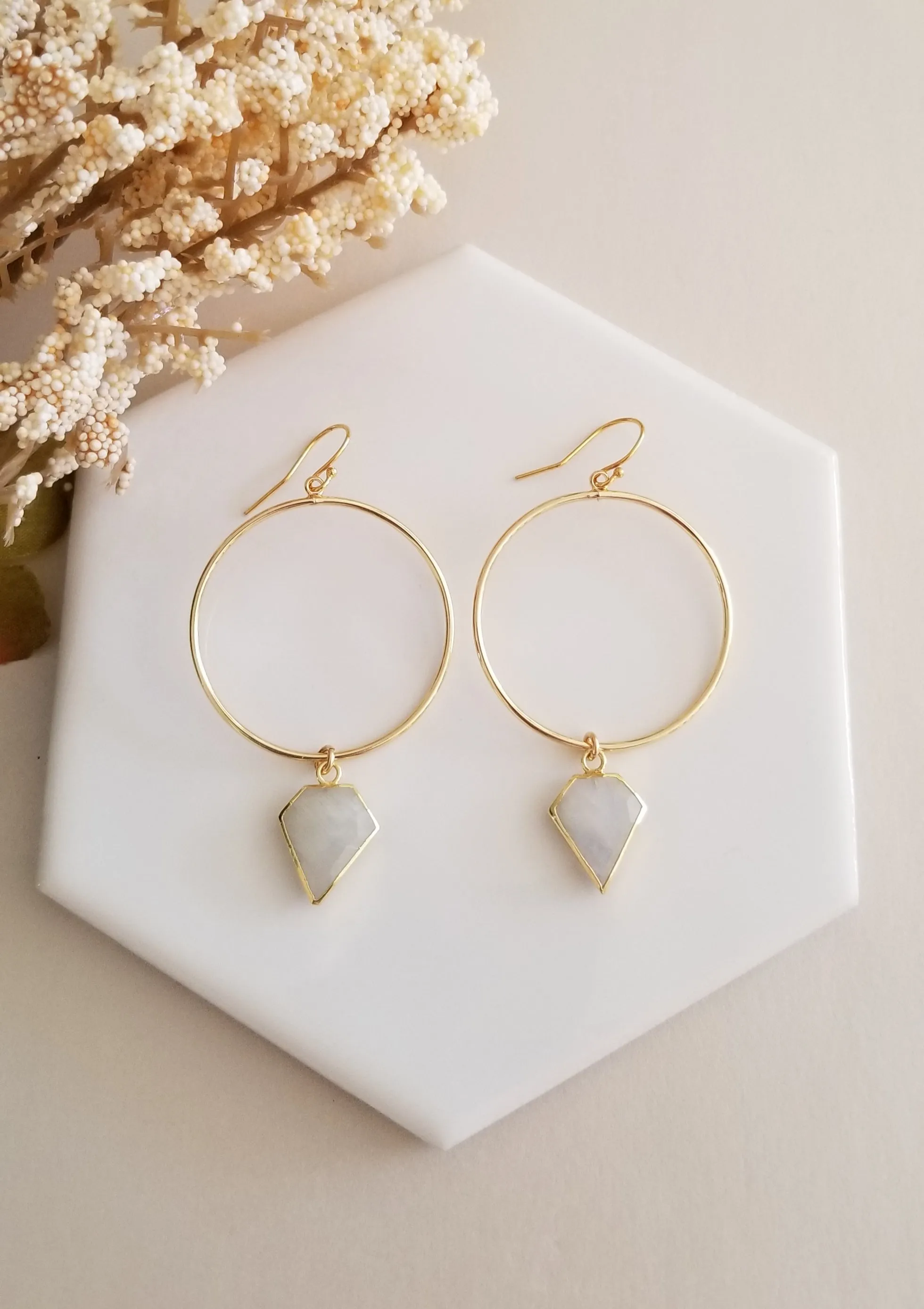 Gold Moonstone Hoop Earrings