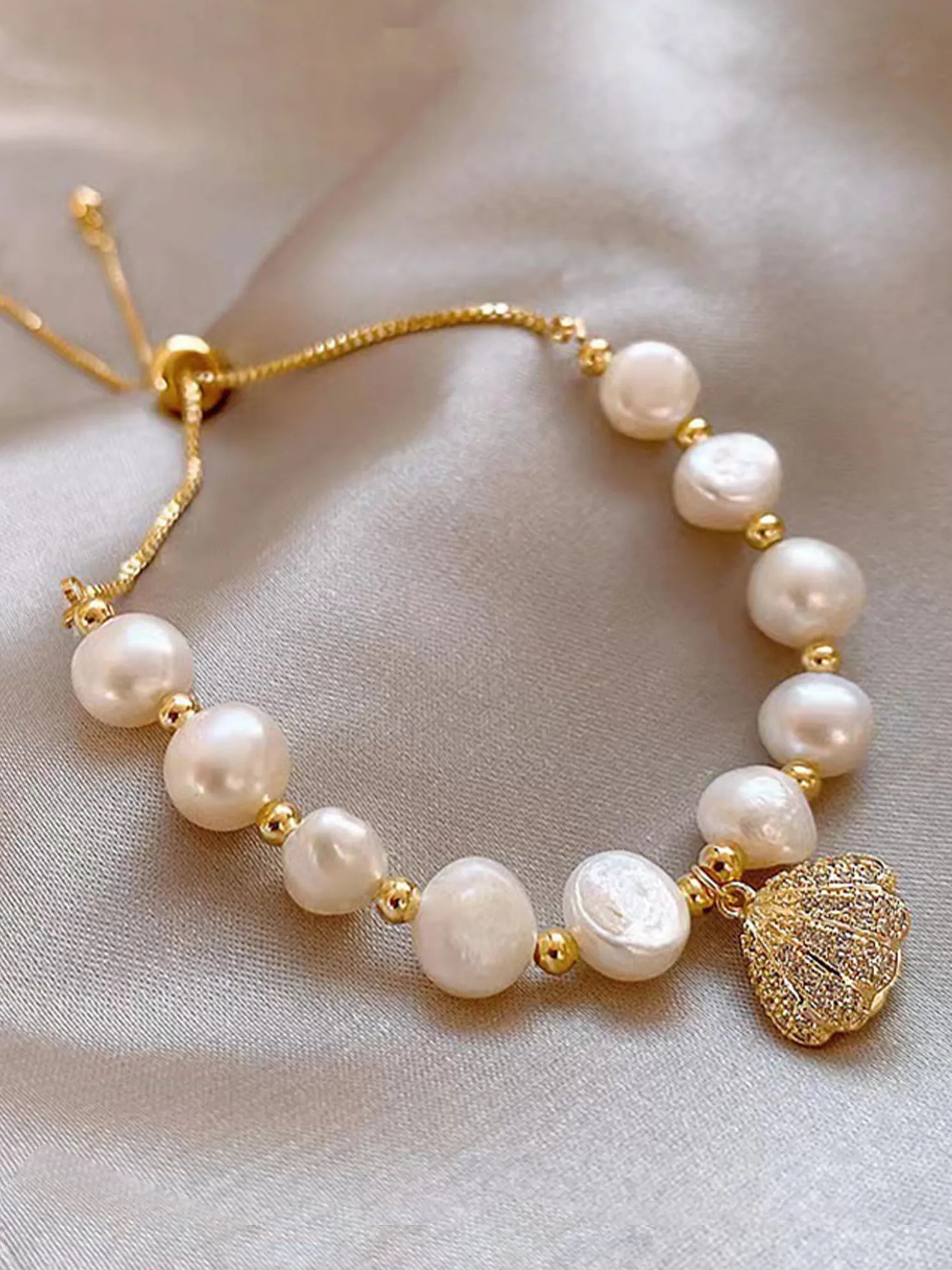 Gold-Plated Bracelet with White Faux Pearl and CZ Bracelet