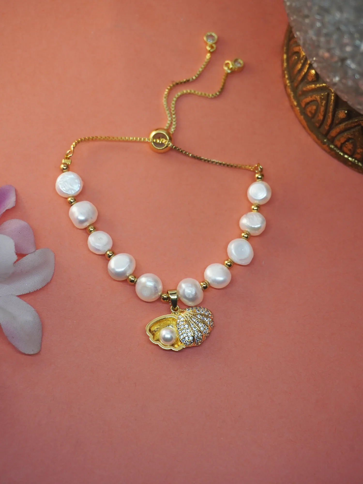Gold-Plated Bracelet with White Faux Pearl and CZ Bracelet