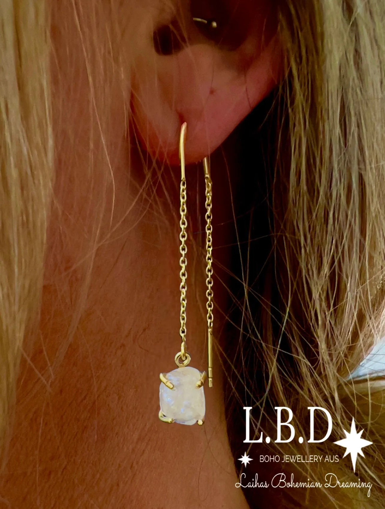 Gold Raw Moonstone Threader Earrings