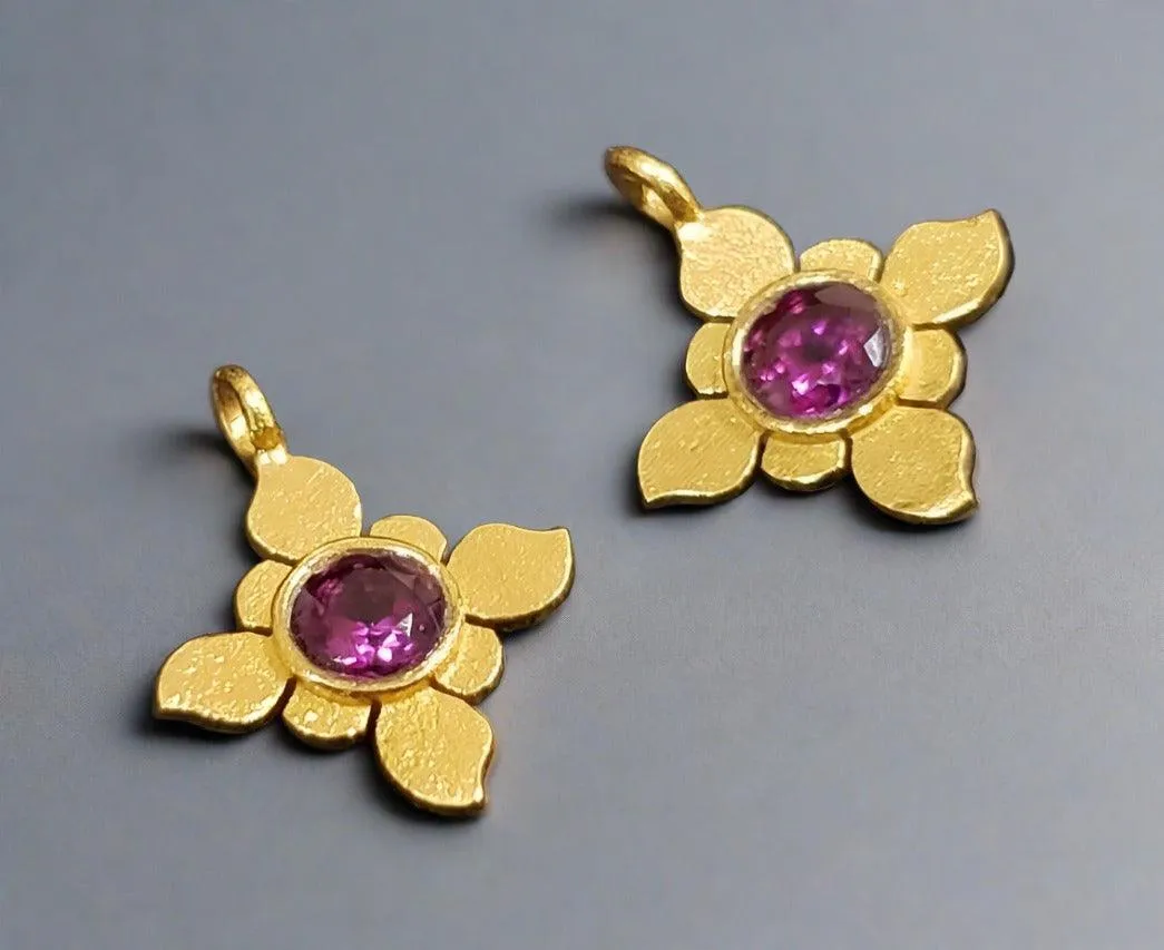Gold Vermeil Floral Rhodolite Purple Garnet Charm Pendant