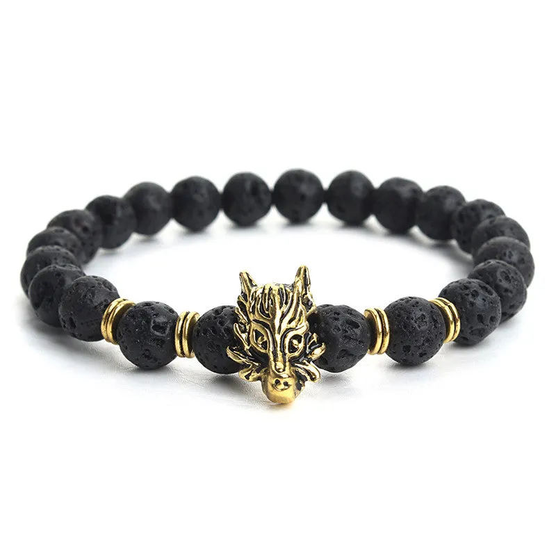 Gold/Silver Plated Wolf Head Bracelet Men Natural Black Lava Volcanic Stone Beaded Bracelets Women