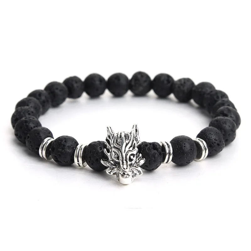 Gold/Silver Plated Wolf Head Bracelet Men Natural Black Lava Volcanic Stone Beaded Bracelets Women