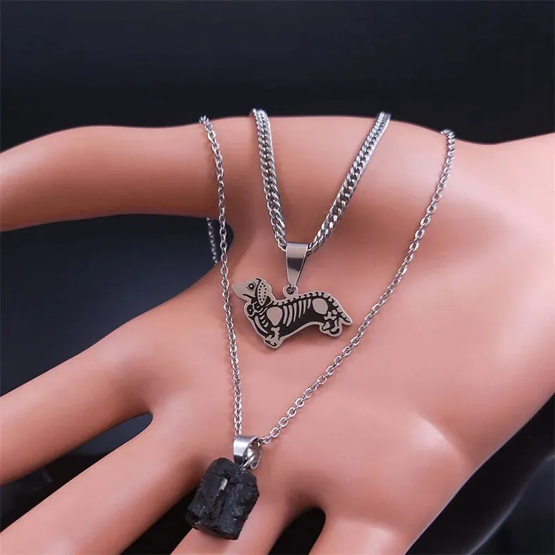 Gothic Skull Moth Stainless Steel Layered Necklace Women