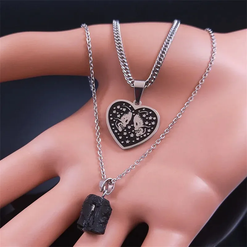 Gothic Skull Moth Stainless Steel Layered Necklace Women