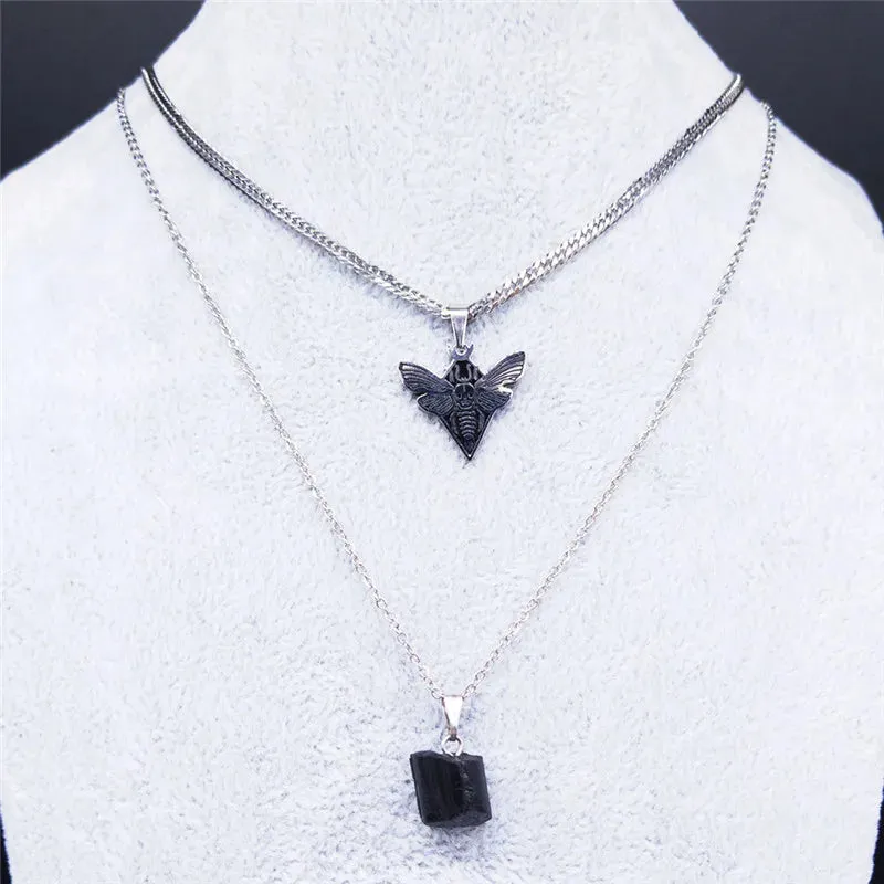 Gothic Skull Moth Stainless Steel Layered Necklace Women