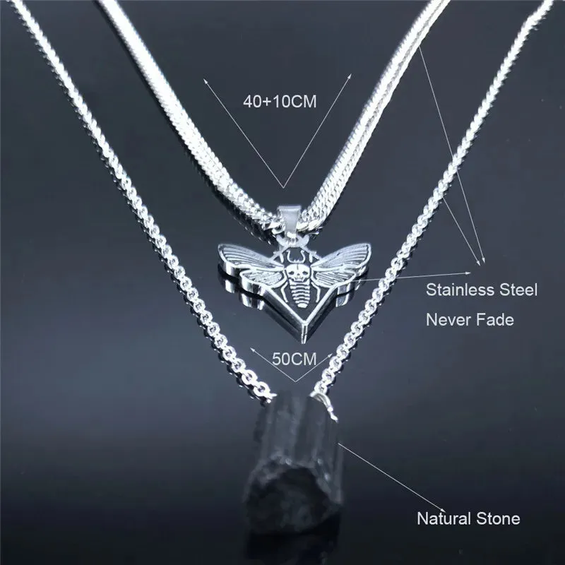 Gothic Skull Moth Stainless Steel Layered Necklace Women