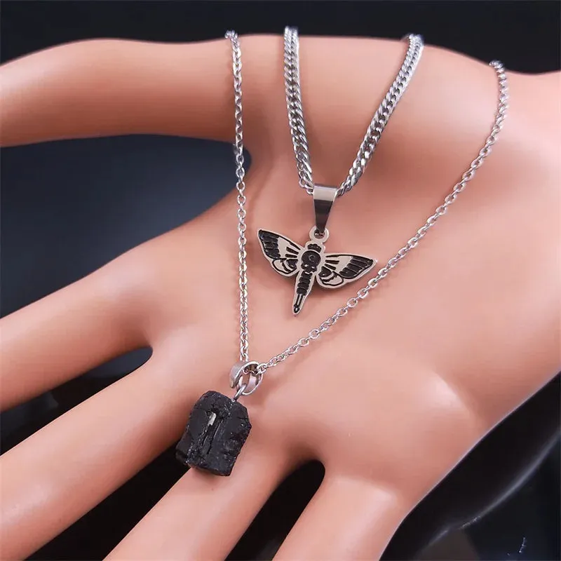 Gothic Skull Moth Stainless Steel Layered Necklace Women