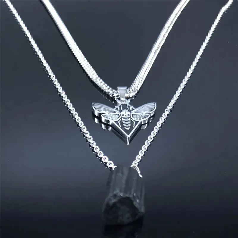 Gothic Skull Moth Stainless Steel Layered Necklace Women