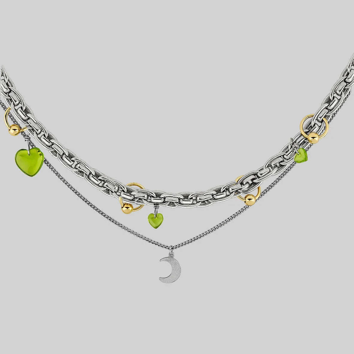 HALF HEARTED. Pierced Chunky Chain & Moon Charm Necklace - Silver