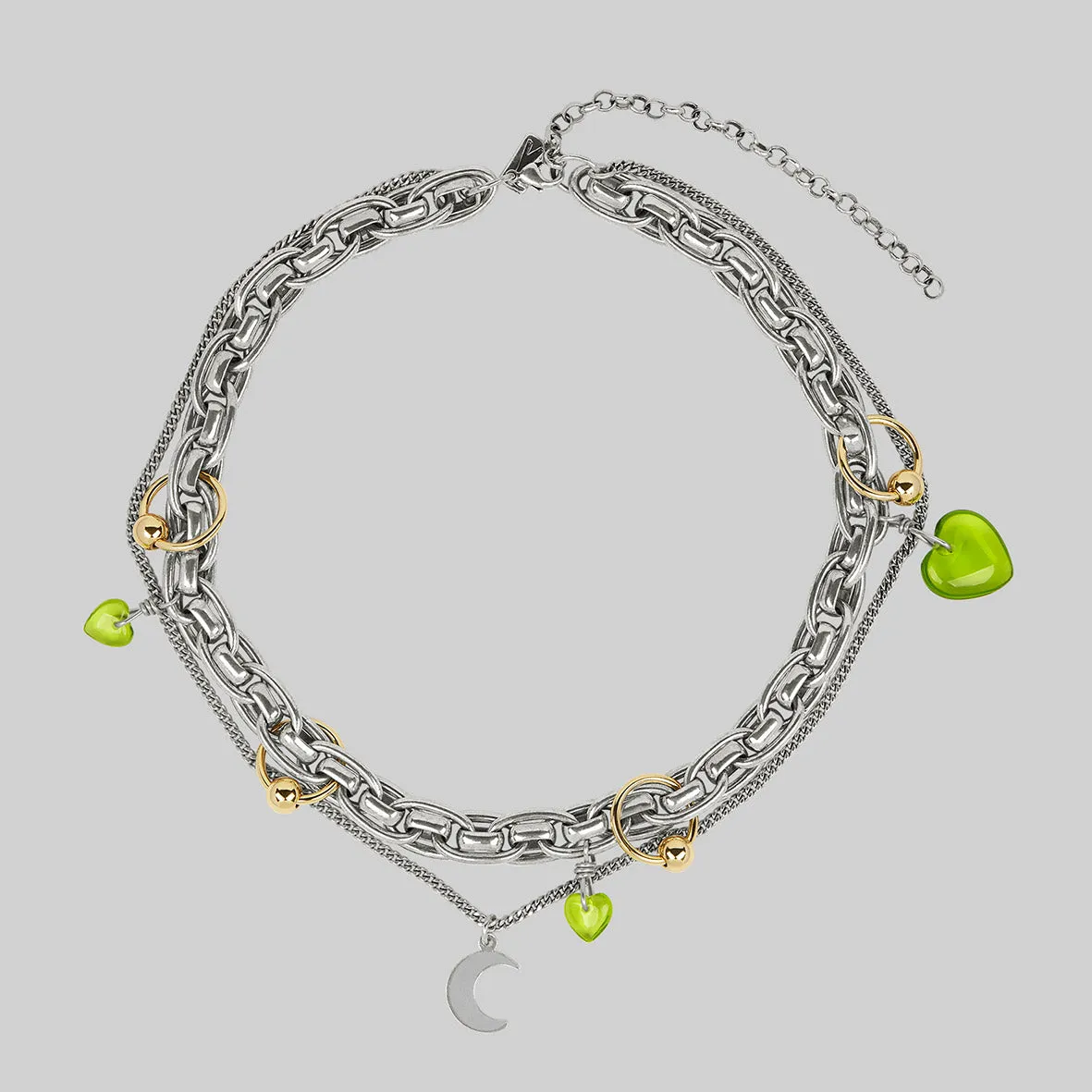 HALF HEARTED. Pierced Chunky Chain & Moon Charm Necklace - Silver