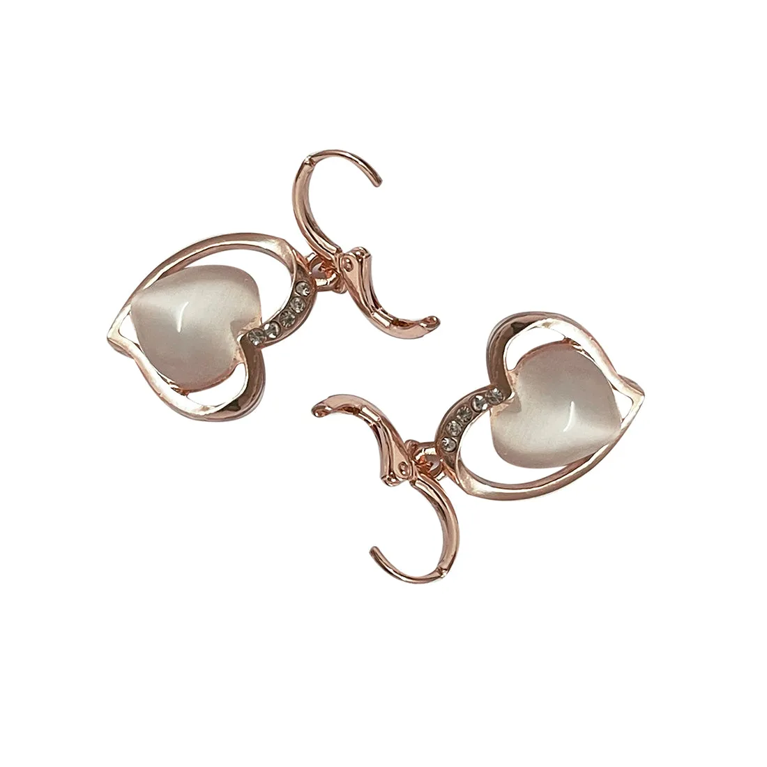 Heart White Moonstone With Diamante Studs Rose Gold-Toned Hoop Drop Earrings