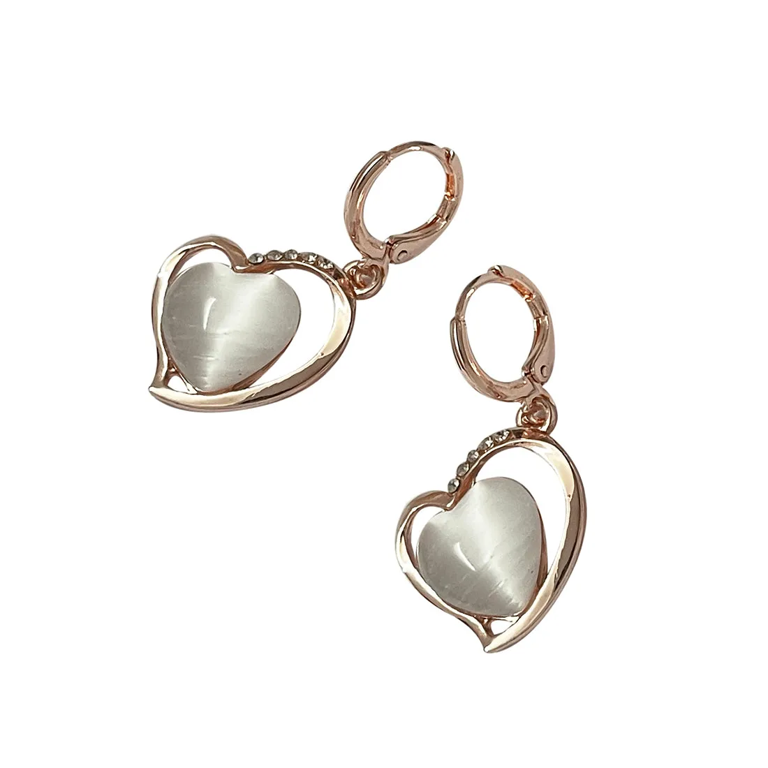 Heart White Moonstone With Diamante Studs Rose Gold-Toned Hoop Drop Earrings