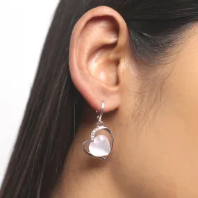 Heart White Moonstone With Diamante Studs Rose Gold-Toned Hoop Drop Earrings