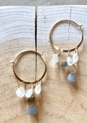 Hoop Earring with Tiered Labradorite, Moonstone, Opal