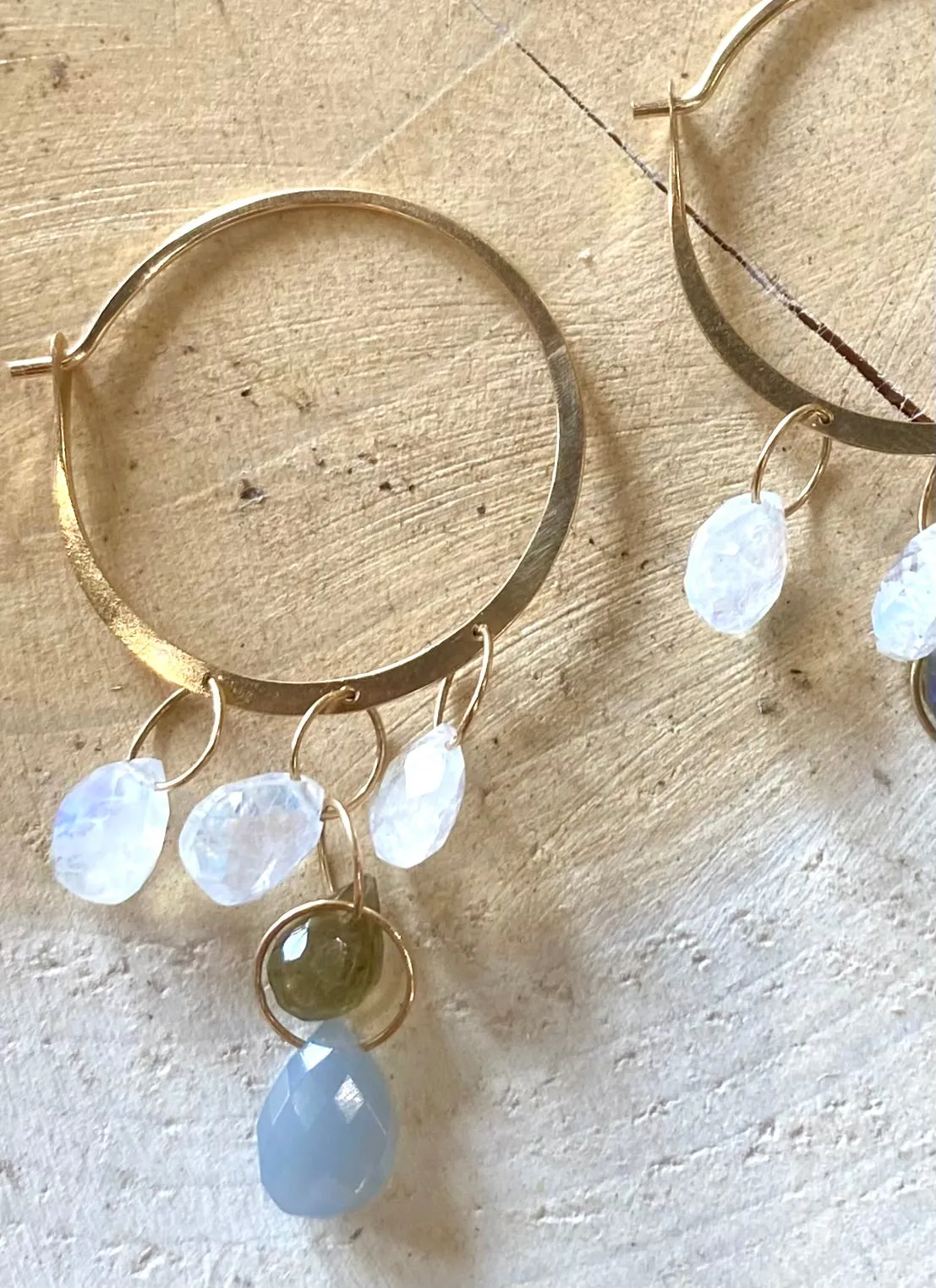 Hoop Earring with Tiered Labradorite, Moonstone, Opal