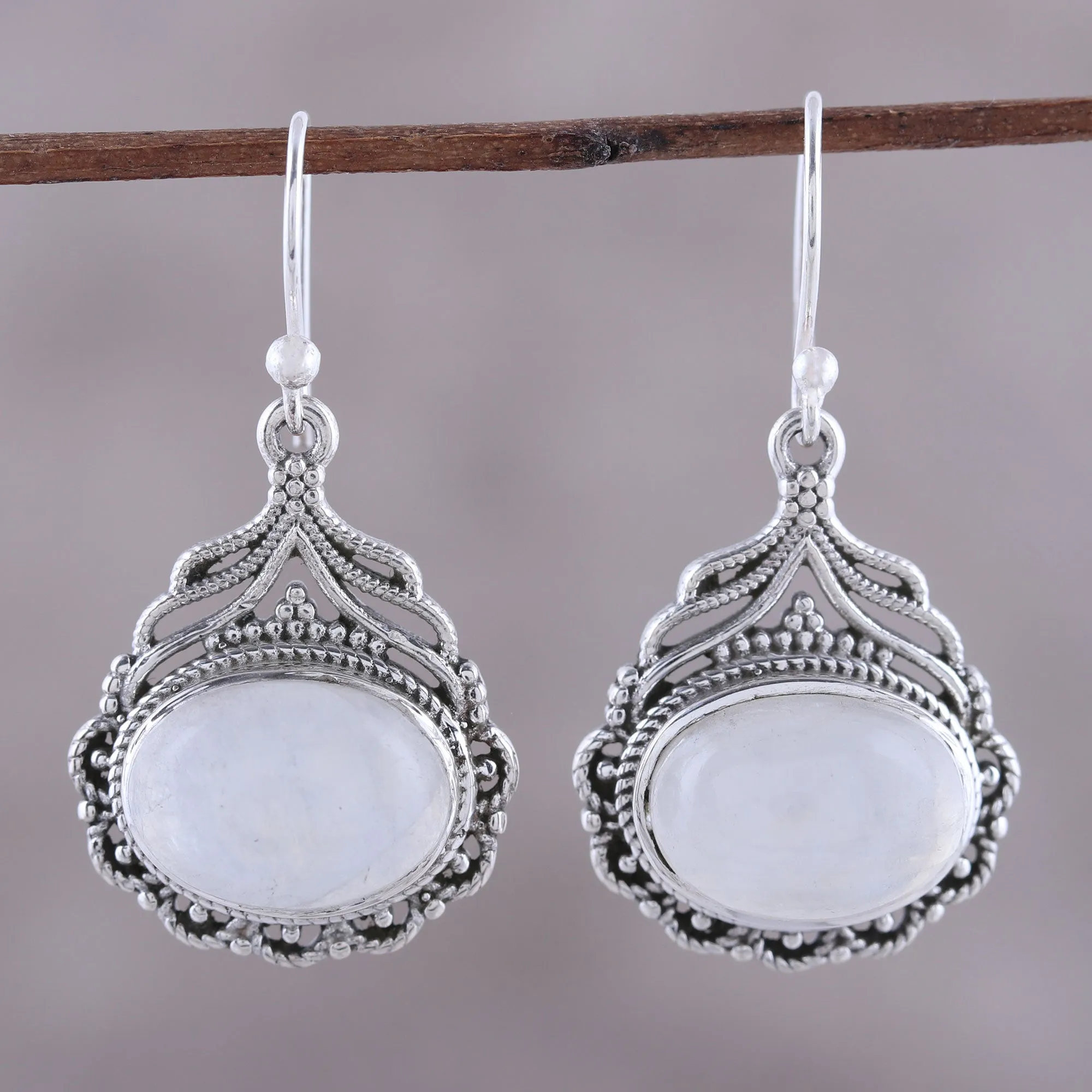 Jeweled Glory Natural Oval Rainbow Moonstone Dangle Earrings from India