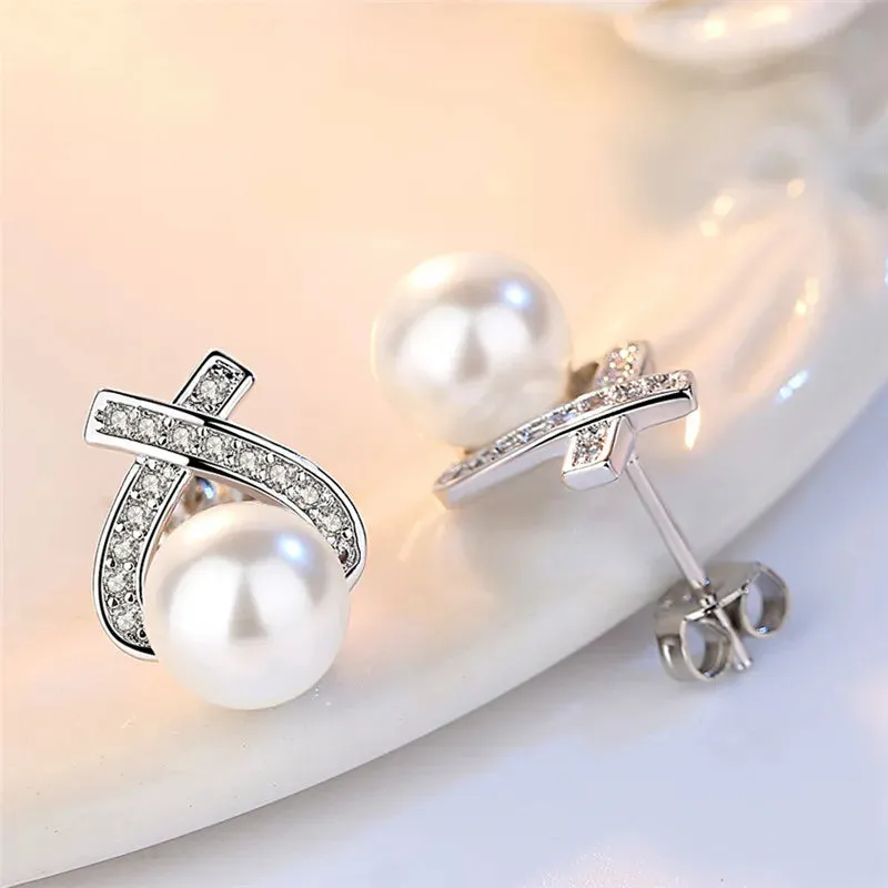 JuliaFashion - 2024 Retro Cross Inlaid Zircon Pearl Earrings