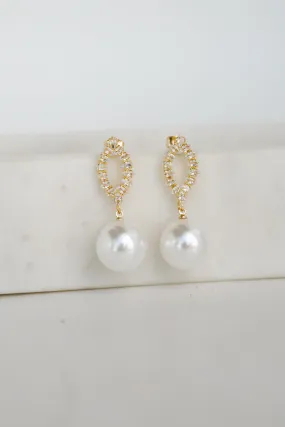 Lena White Rhinestone Pearl Drop Earrings