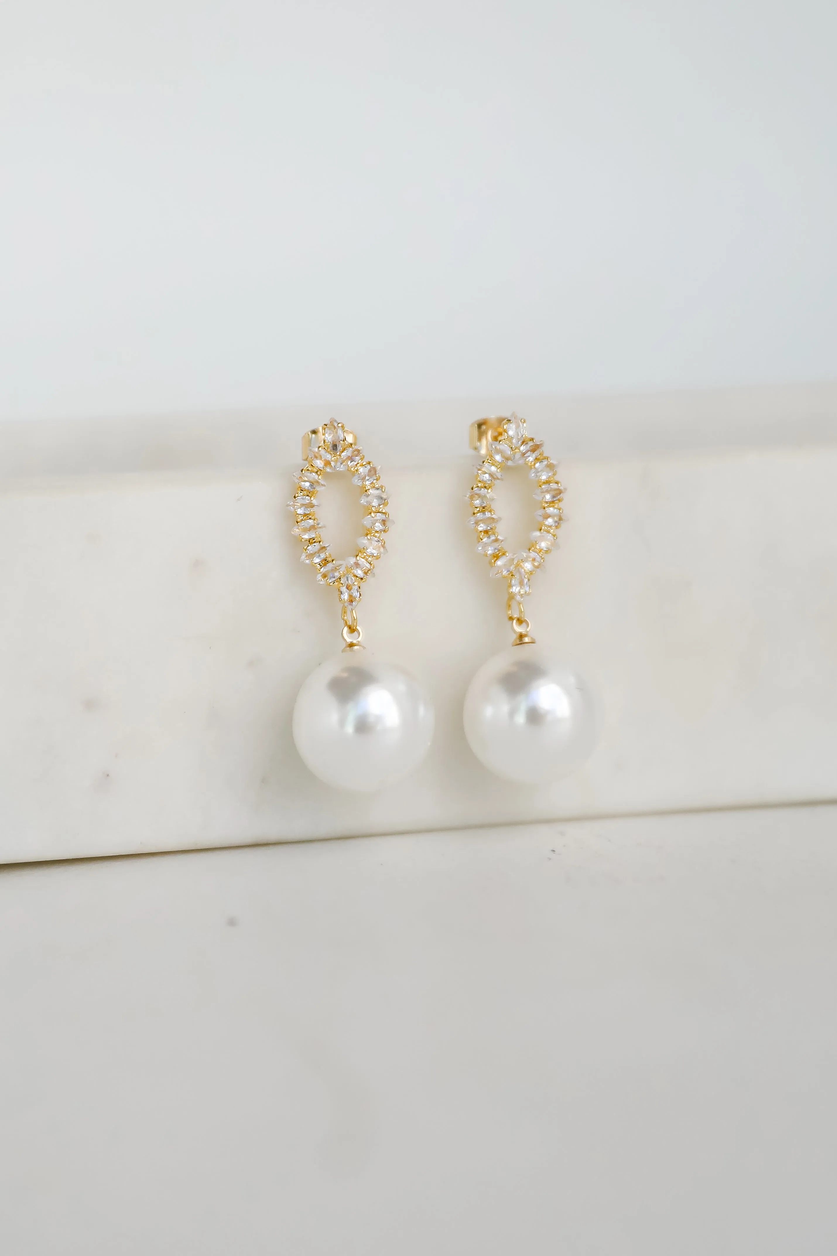 Lena White Rhinestone Pearl Drop Earrings