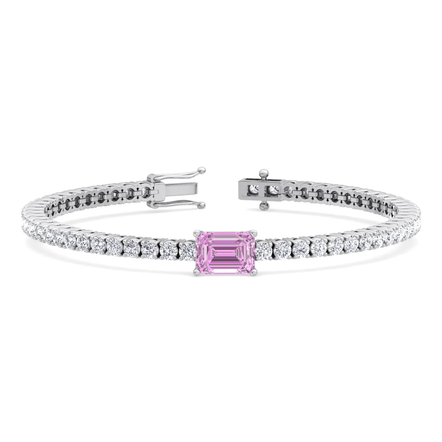 Martina - Emerald Cut Single Stone Natural Pink Sapphire & Diamond Tennis Bracelet