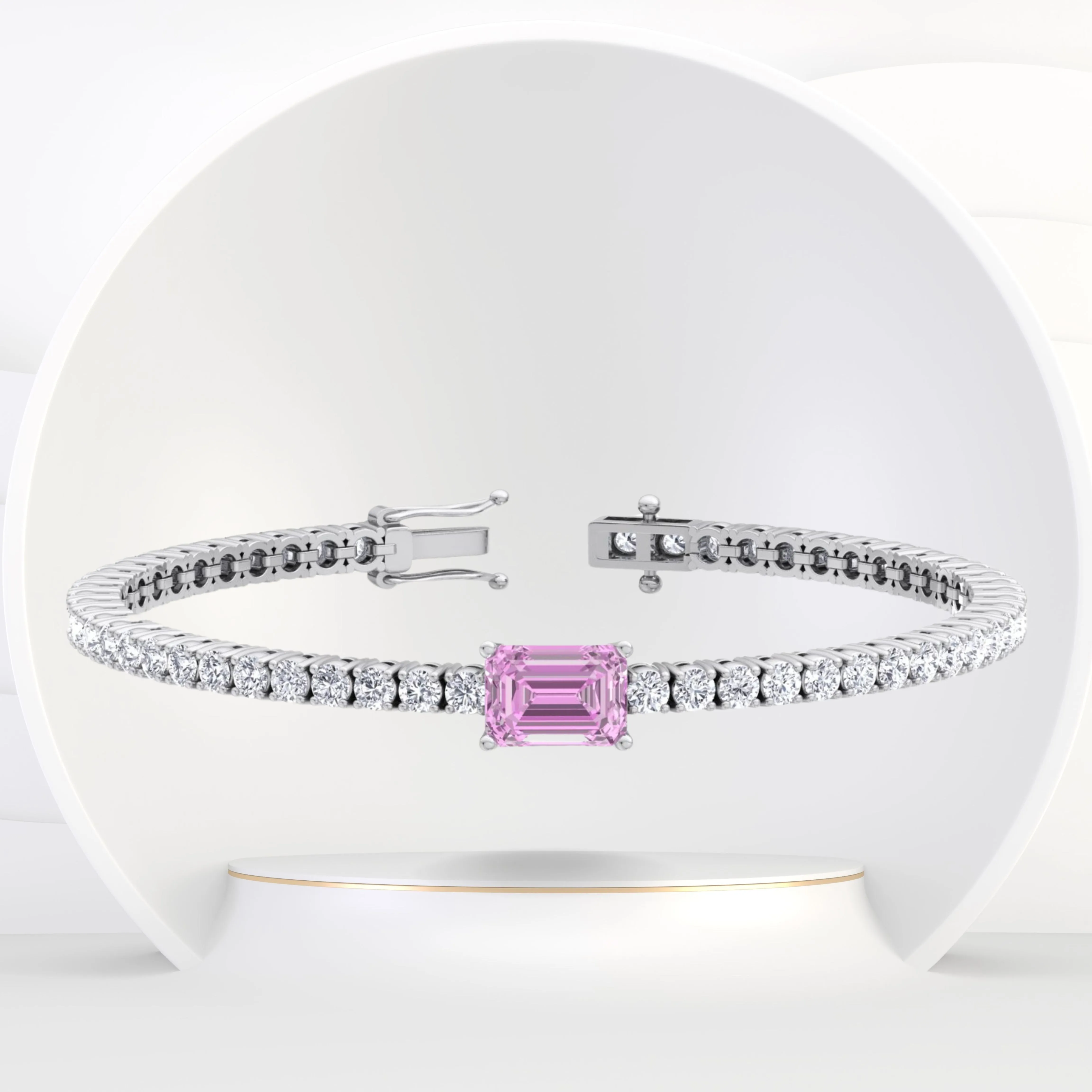 Martina - Emerald Cut Single Stone Natural Pink Sapphire & Diamond Tennis Bracelet