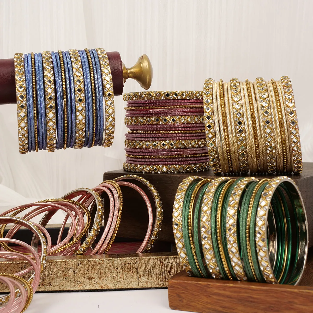 Mirror Shimmer Bangle Set in Green