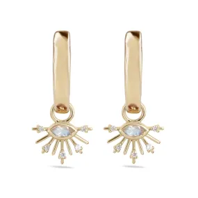 Moonstone & White Sapphire Sunburst Hoop Earrings 9k Gold