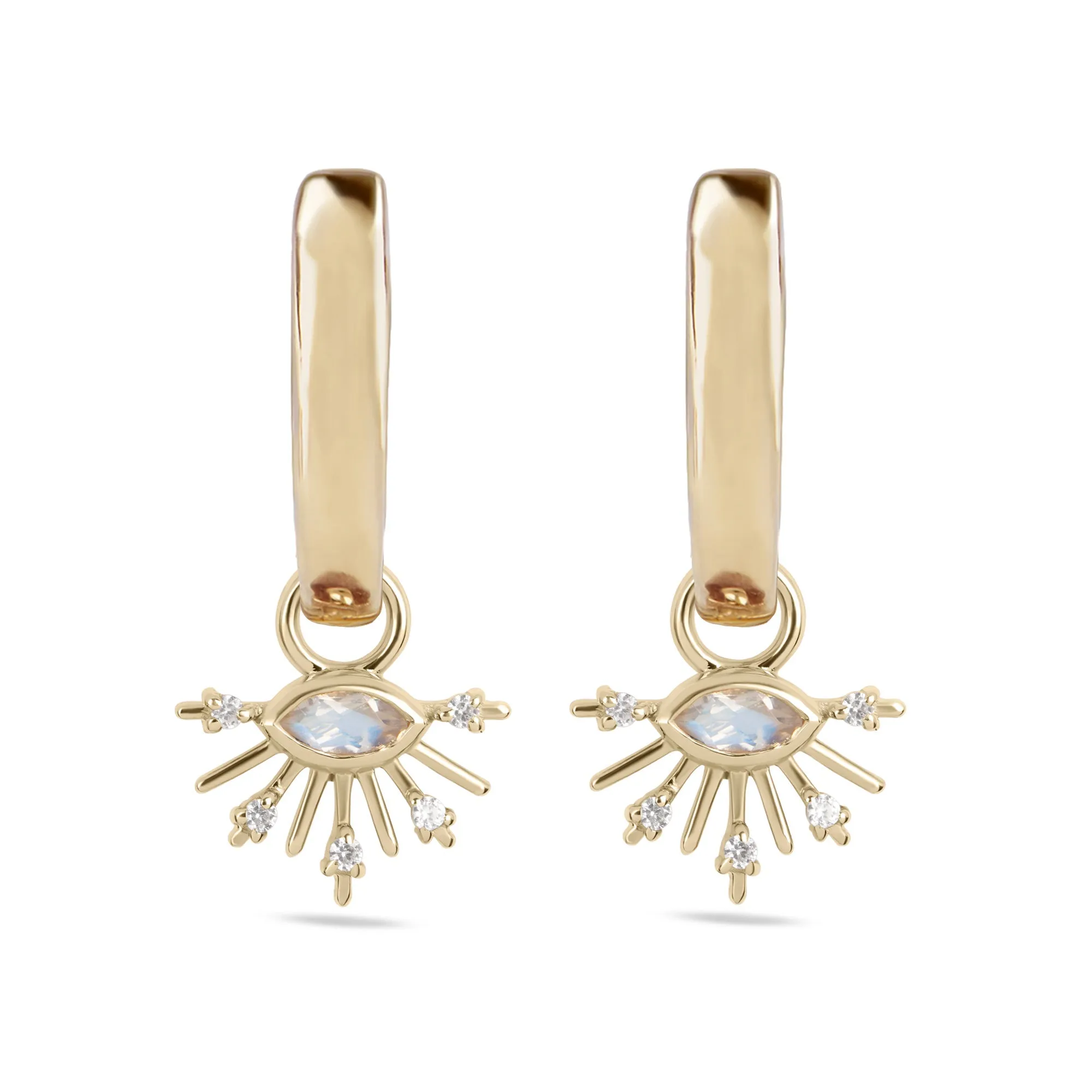 Moonstone & White Sapphire Sunburst Hoop Earrings 9k Gold