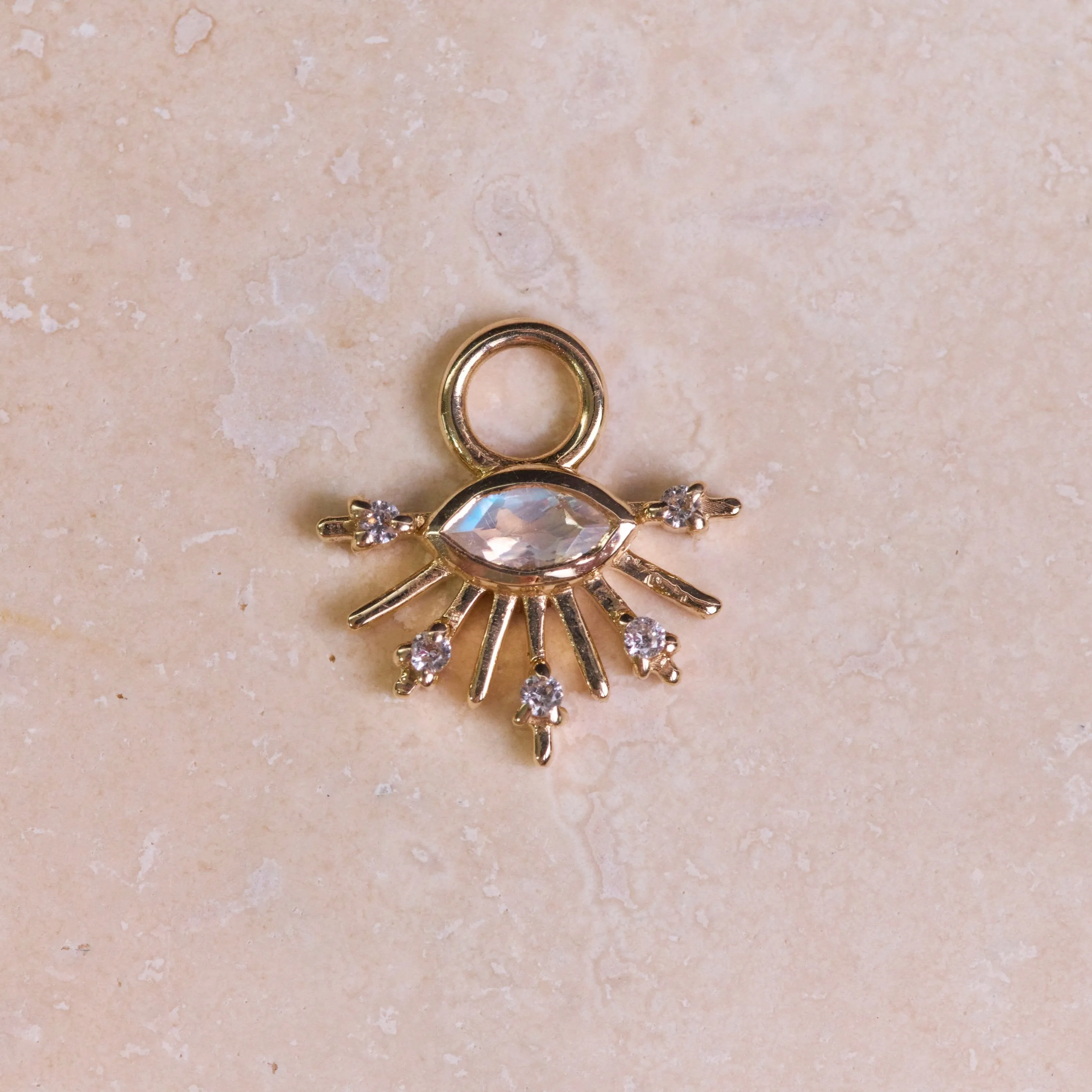 Moonstone & White Sapphire Sunburst Hoop Earrings 9k Gold