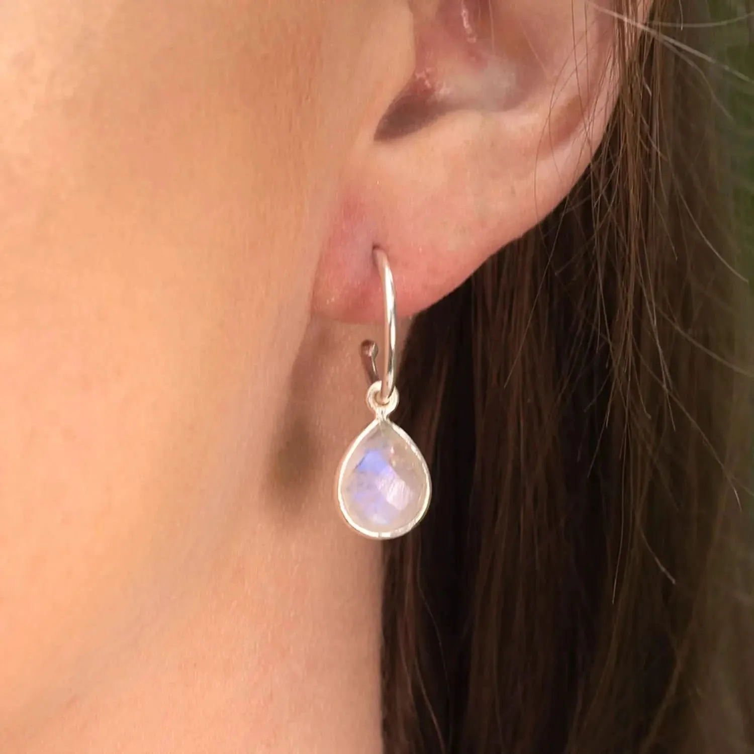 Moonstone Drop Hoop Earrings | Silver- June