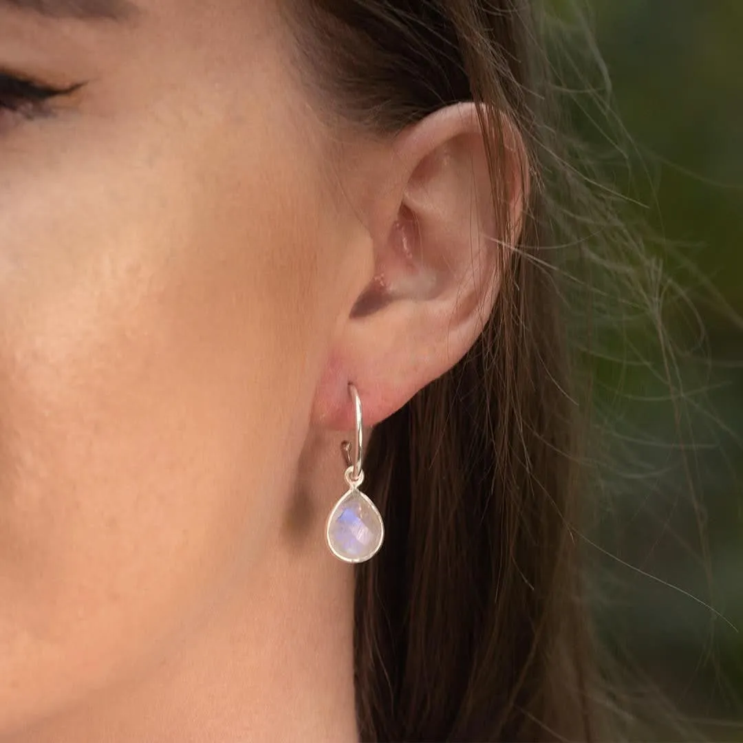 Moonstone Drop Hoop Earrings | Silver- June
