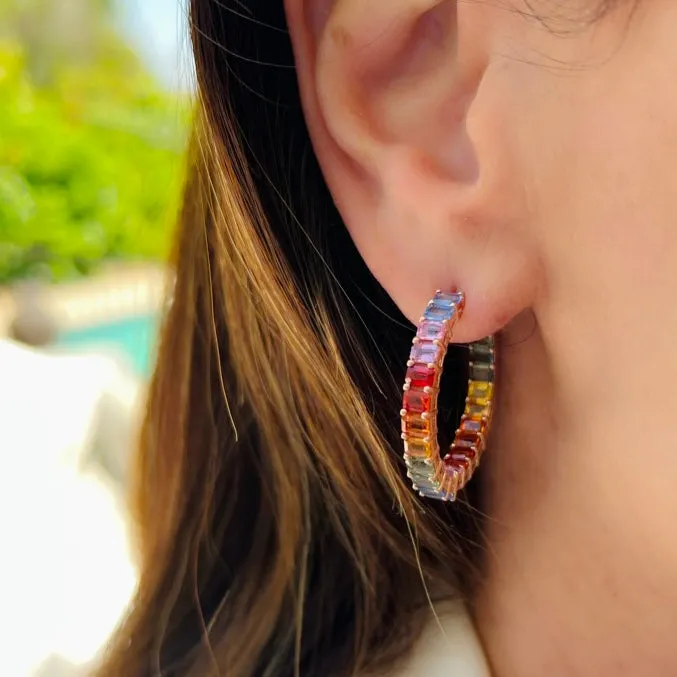 Multi-Color Sapphire & 14k Rose Gold Hoop Earrings