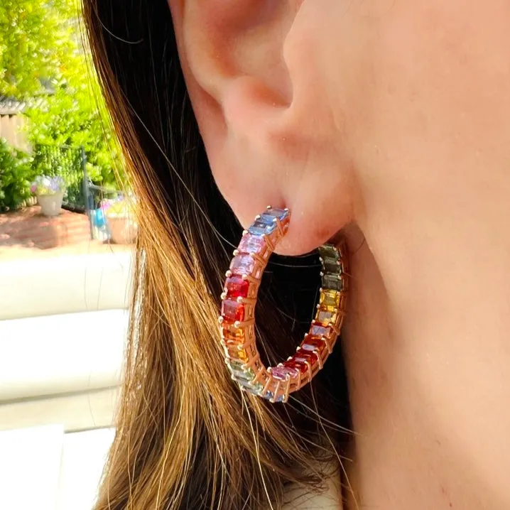 Multi-Color Sapphire & 14k Rose Gold Hoop Earrings
