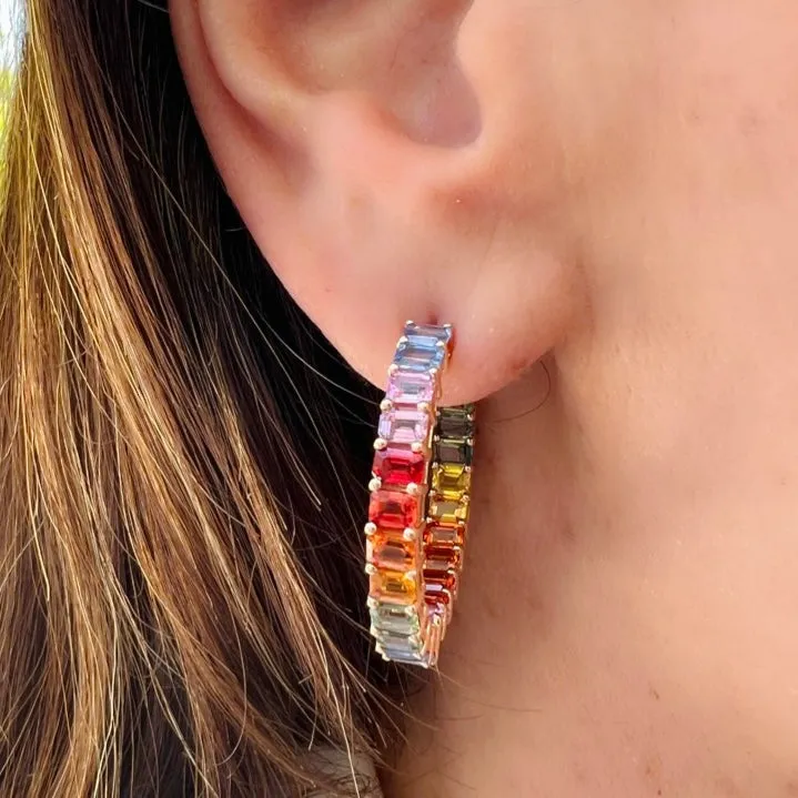 Multi-Color Sapphire & 14k Rose Gold Hoop Earrings