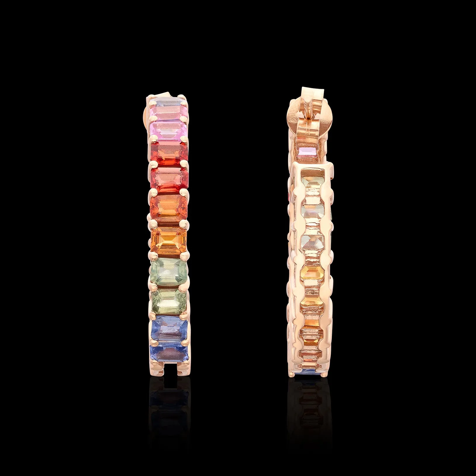 Multi-Color Sapphire & 14k Rose Gold Hoop Earrings