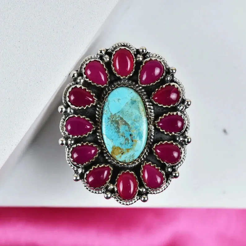 Native American  Pink Onyx & Turquoise Cluster Rings - 925 Sterling Silver Rings