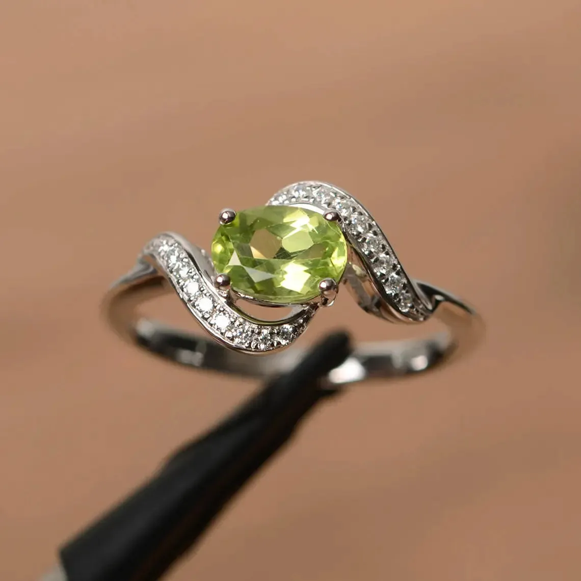 Natural Oval Cut Peridot Unique Promise Ring - 925 Sterling Silver Ring
