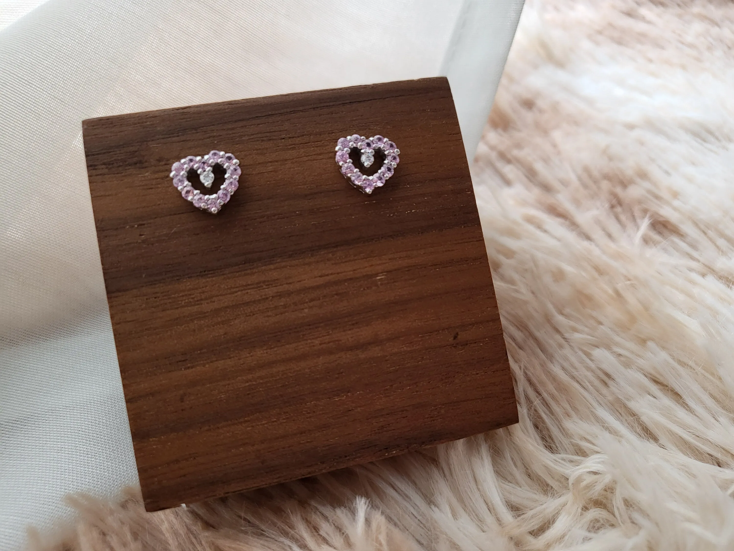 Natural Pink Sapphire Rare Gemstone Earrings with Cubic Zirconia Stud Heart Silver Earrings
