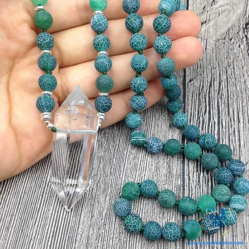 Natural Quartz Double point Crystal Pendant with Green Agate 8mm Beads